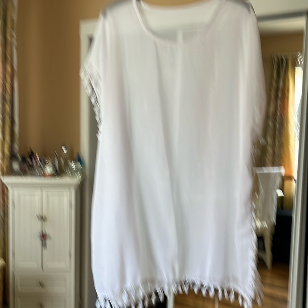 Sheer white coverup with pompoms